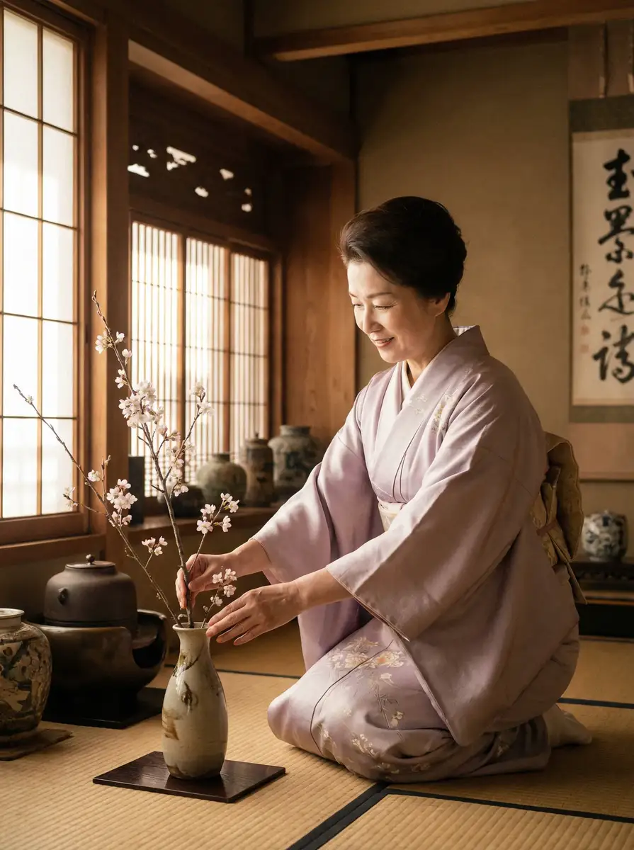 一位优雅的 幻影体育平台 在和室中插花